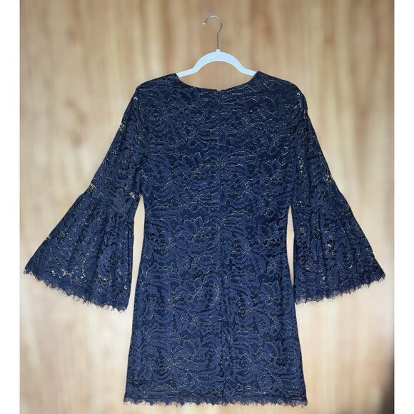 Dark Gothic Lace Bell Sleeve Navy Gold Mini Dress Sz M Witchy Romantic Cocktail - Picture 4 of 9
